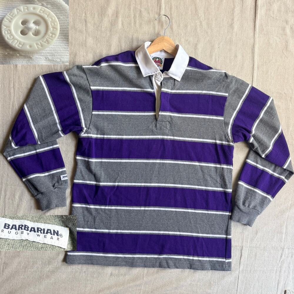 Vintage Barbarian Rugby Shirt Men's L Long Sleeve Stripe Purple Made in Canada